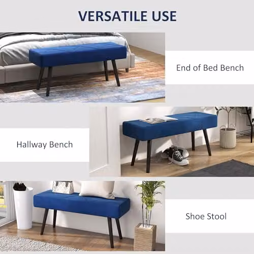 HOMCOM Upholstered Velvet End of Bed Bench with X-Shape Metal Legs, Blue, W/D/H: 120 x 45 x 36 cm – 6