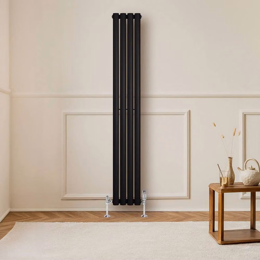 Monstershop Oval Single Column Steel Radiator with Integrated Valves and Thermostat Head, Black, H: 160 cm, W: 24 cm – 8