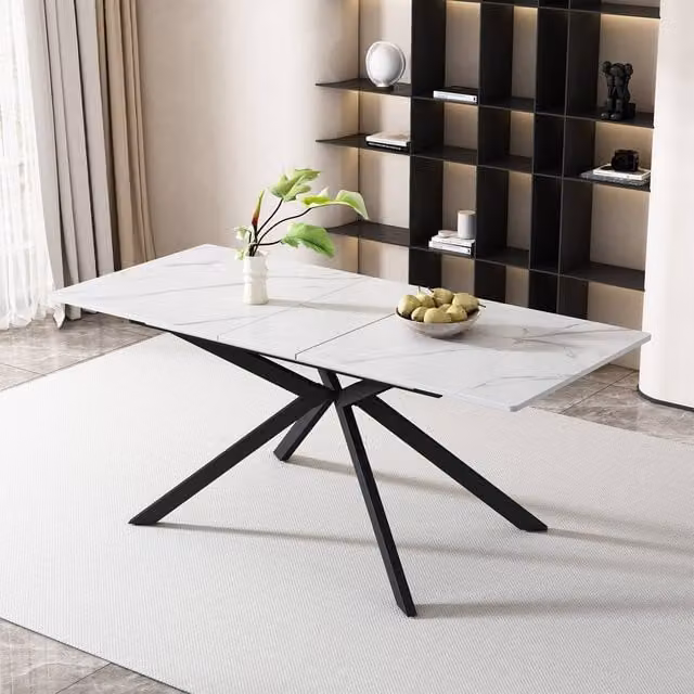Merax Extendable Rectangular Dining Table with White Marble Effect Top and X-Frame Base – 1