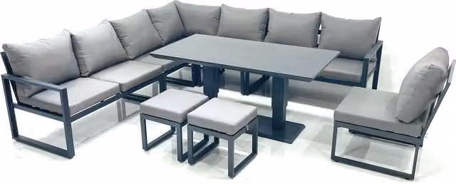 Fimous 10-Seater Outdoor Aluminium Corner Sofa Garden Set with Rising Tempered Glass Table in Dark Grey