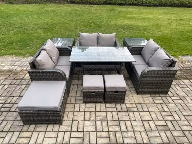Fimous 9 Piece Outdoor Rattan Garden Furniture Set in Dark Grey with Rectangular Dining Table, Love Sofa, 2 Side Tables and 3 Footstools