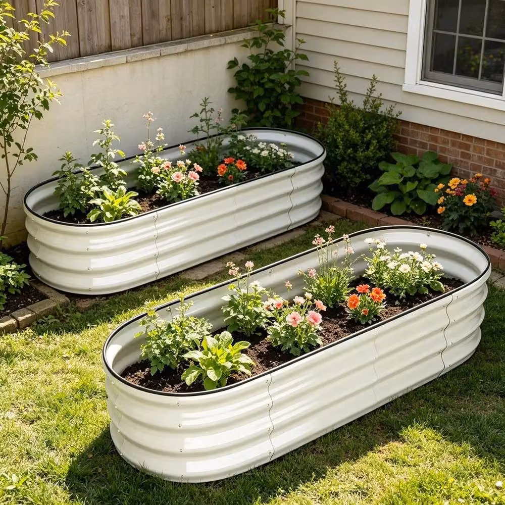 VOGREX Set of 2 Oval Galvanised Steel Raised Beds in Metallic Silver, W/D/H: 137.16 x 60.96 x 30.48 cm – 2