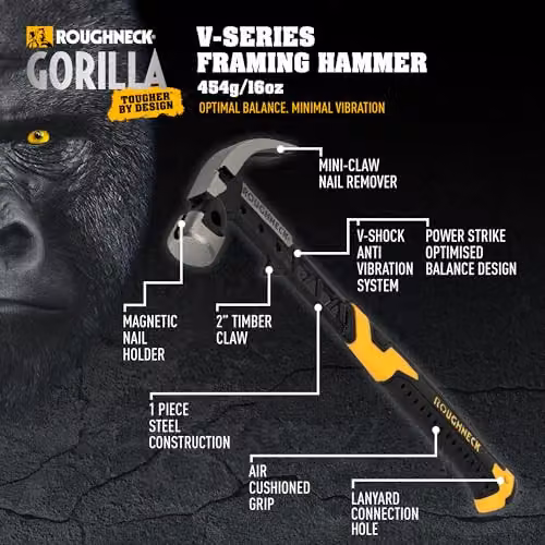 Roughneck Gorilla V-Series Claw Framing Hammer, 454g, Yellow and Black – 2