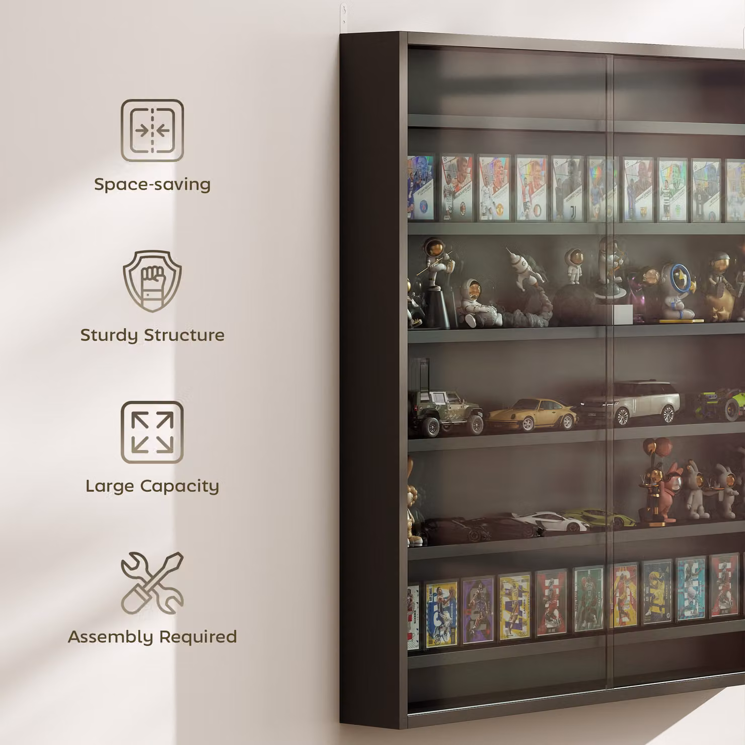 HOMCOM 7-Tier Wall Mounted Display Shelf Unit with Glass Doors and 6 Adjustable Shelves, Black, W: 80 cm, H: 83 cm – 6