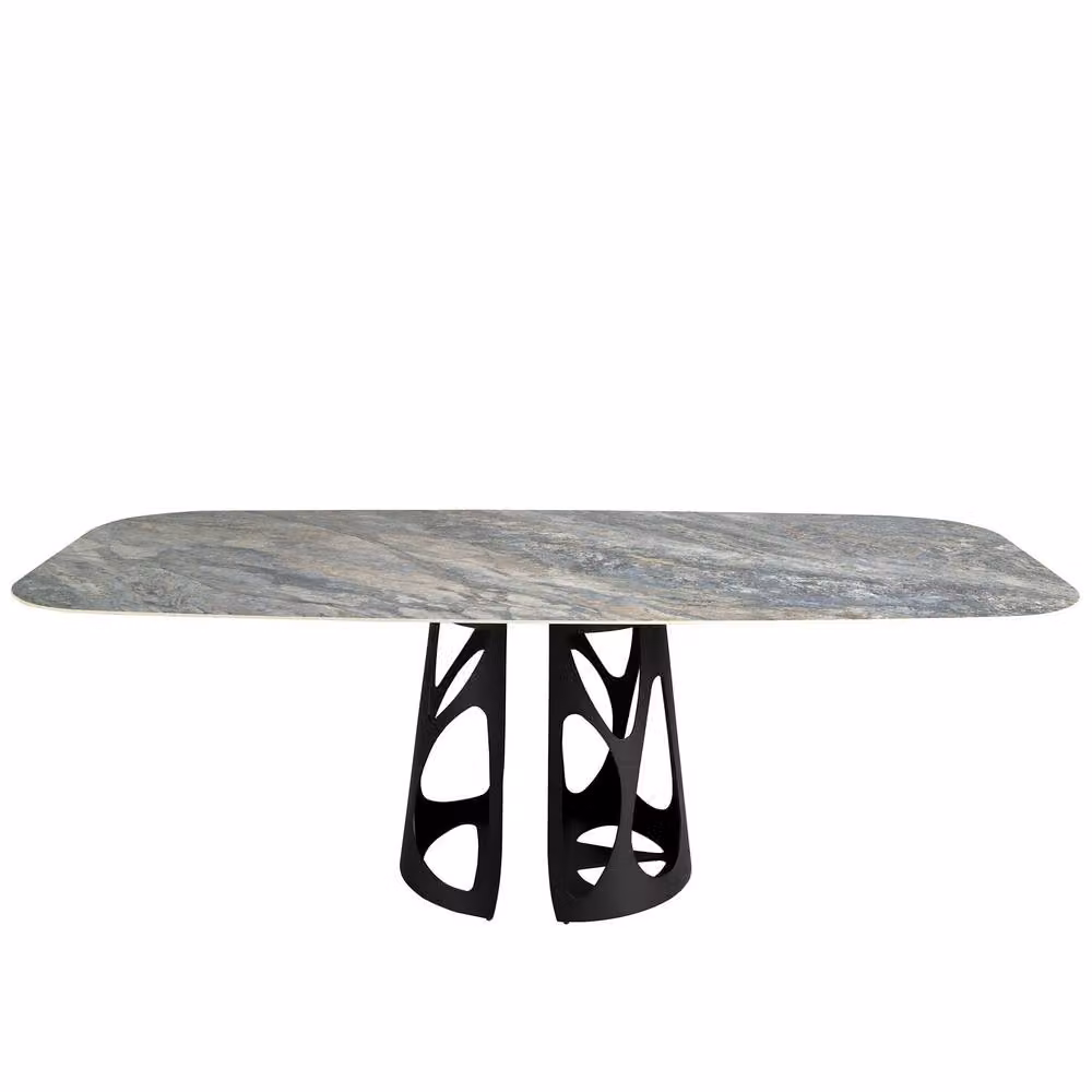 Angel Cerda Modern Oval Blue Porcelain Marble Dining Table with Black Central Column, W/D/H: 110 x 110 x 76 cm – 2