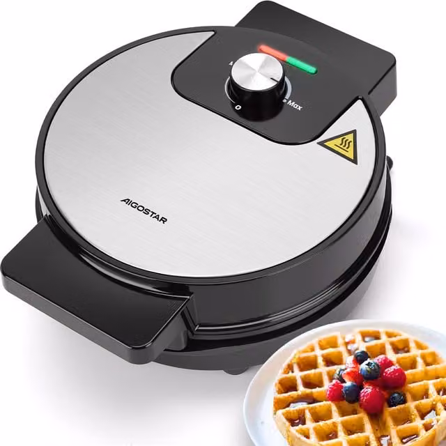 Aigostar Round Stainless Steel Waffle Maker in Silver