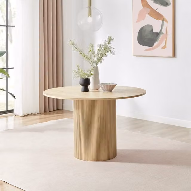FurnitureboxUK Penrose Oak Effect Round Dining Table and 4 Beaumont Chairs Set in Beige, Black and Yellow