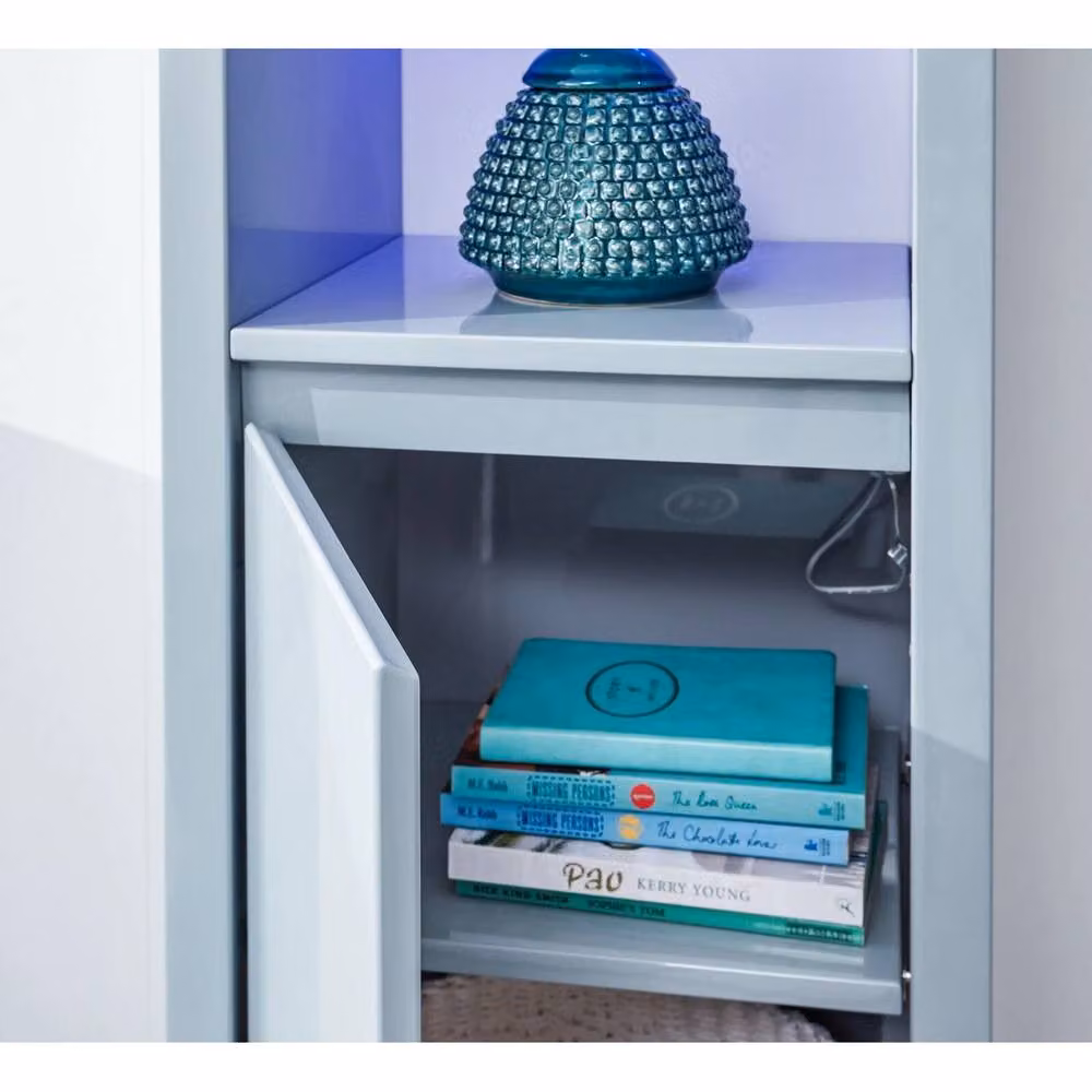 FORGEVIO Grey High Gloss Wall Mounted LED Display Unit with Blue Integrated Lighting and Glass Doors – 3