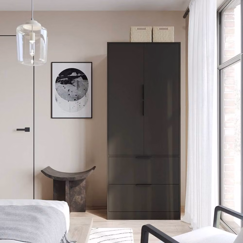 KORVIXA Black Minimalist Bedroom Wardrobe with 2 Doors and 2 Drawers, H 180 cm x W 100 cm x D 60 cm – 3