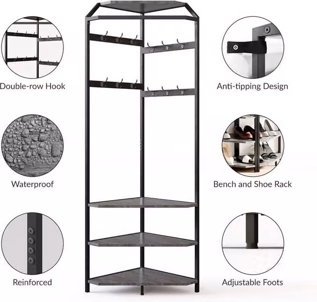 KORVIXA Modern Black Metal Corner Hall Tree with Bench and Coat Rack – 1