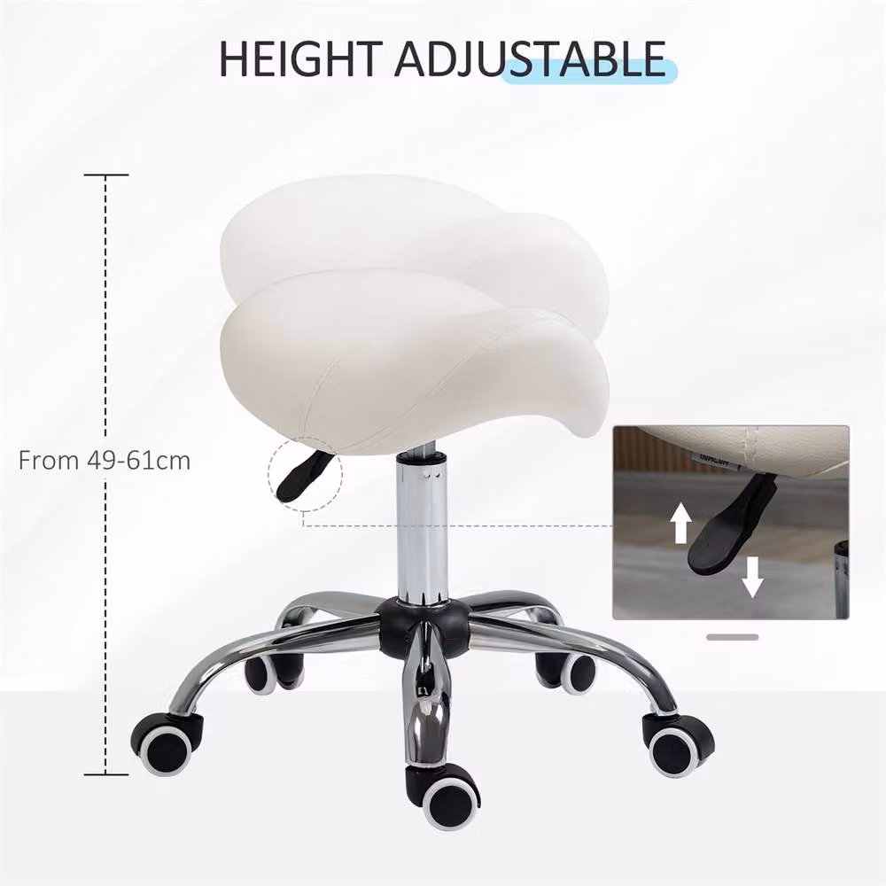 EONLION Beige and White Synthetic Leather Hydraulic Rolling Saddle Stool with Castors – 2