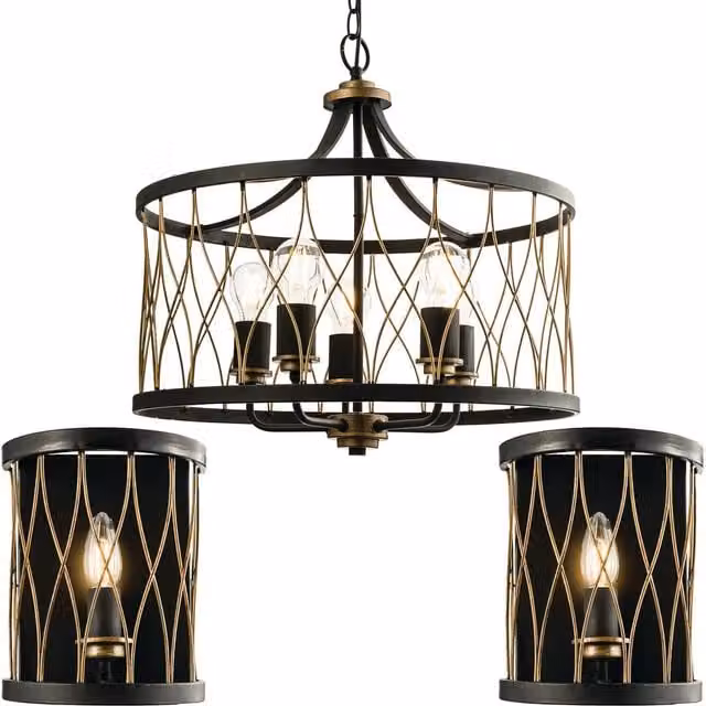 Loops Vintage Bulb Ceiling Lamp and 2x Matching Wall Light Set in Bronze and Black Metal Cage – 1