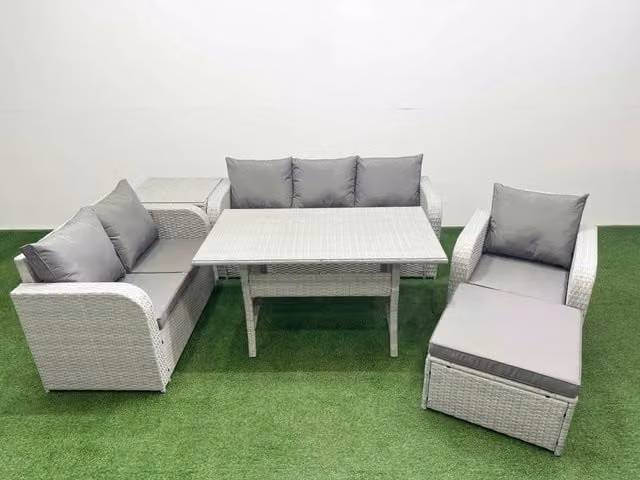 Fimous Patio 7 Seater Grey PE Wicker Rattan Outdoor Furniture Set with Rectangular Dining Table, Reclining Chairs, Loveseat and 3 Seater Sofa