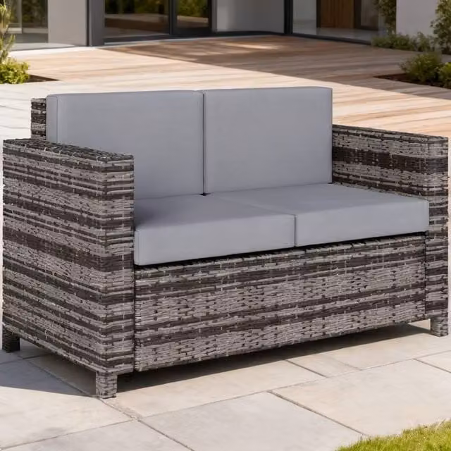 ERGOVEXA 2 Seater Rattan Garden Sofa in Grey with Upholstered Cushions