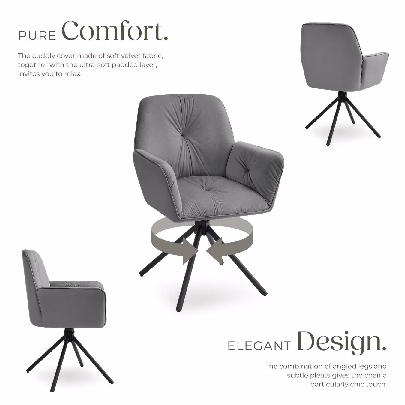 tectake Lenia Set of 2 Swivel Chairs in Dark Grey Velvet Look with Anthracite and Black Accents – 3