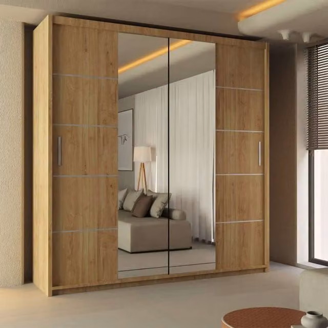 Sliding Wardrobes 4U Modern Double Door Sliding Wardrobe in Light Oak, W: 203 cm, H: 217 cm, D: 62 cm