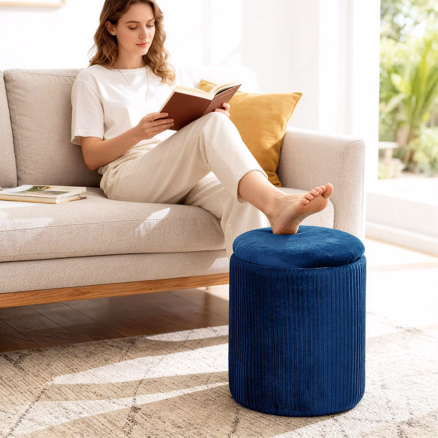 HOMCOM Modern Velvet Round Storage Ottoman Foot Stool in Blue, Diameter: 45 cm – 7
