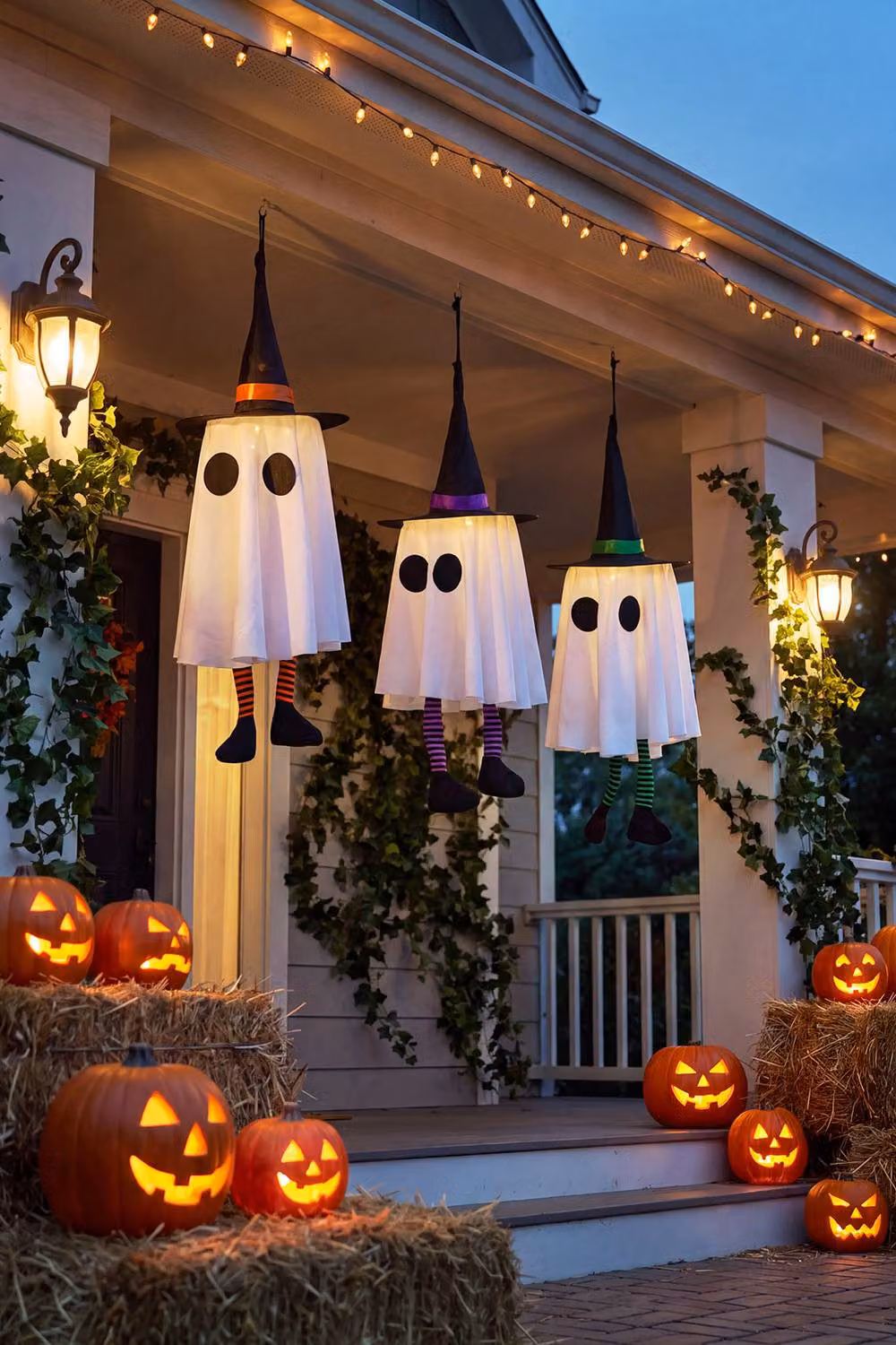 Living and Home 3-Piece White Halloween Hanging Witch Hat and Ghost Decorations with LED Lights – 3