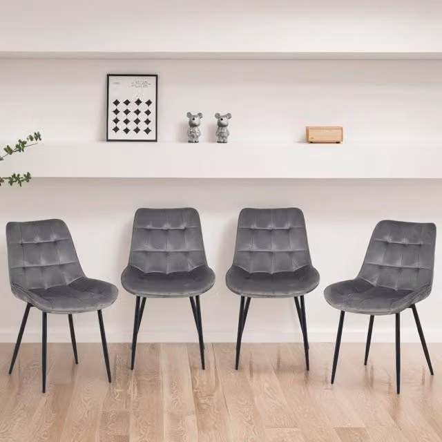 Madefor.living Set of 4 Erica Modern Dining Chairs in Grey Velvet Fabric with Black Metal Legs