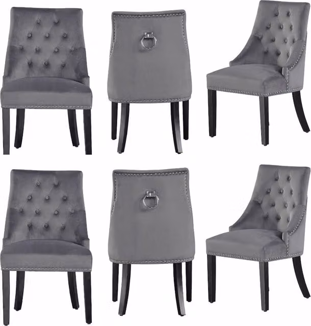 Life Interiors Set of 6 Windsor Knocker Back Velvet Dining Chairs with Solid Wood Legs in Dark Grey
