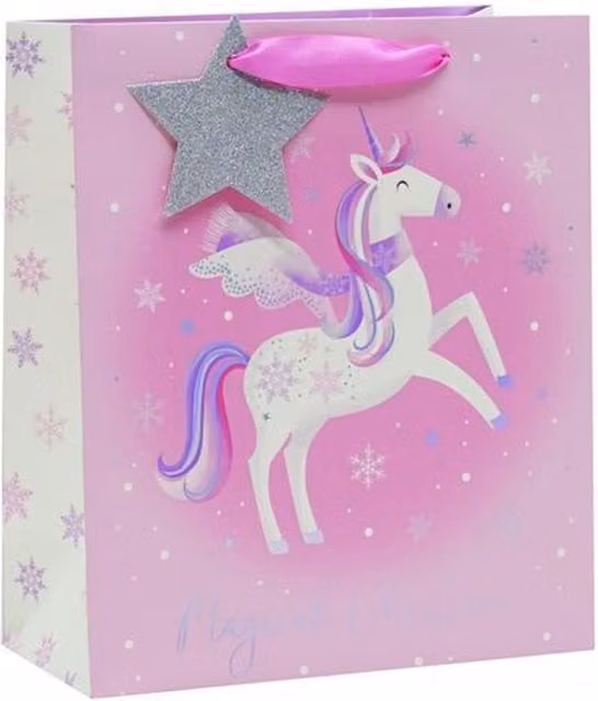 Kingsbury Gifts Medium Unicorn Christmas Paper Gift Bags in Red and Pink