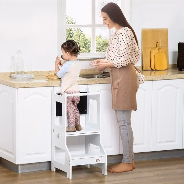 HOMCOM 2-in-1 Kids Step Stool, Toddler Table and Chair Set, White