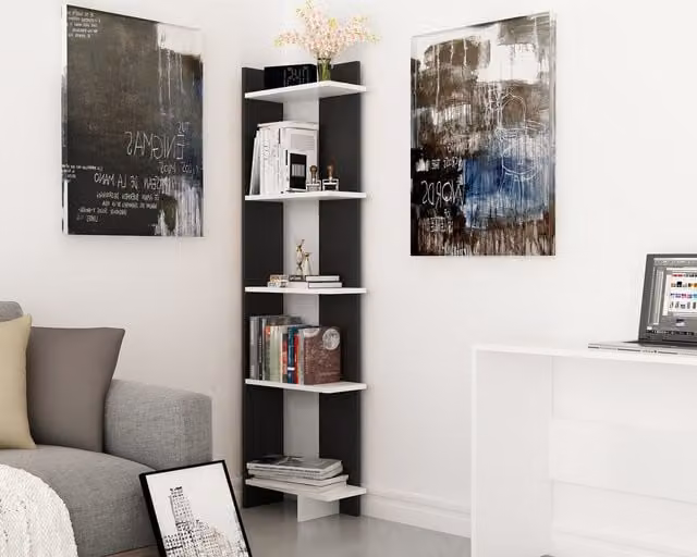 Decorotika Alica 5-Tier Freestanding Corner Bookshelf in Black and White