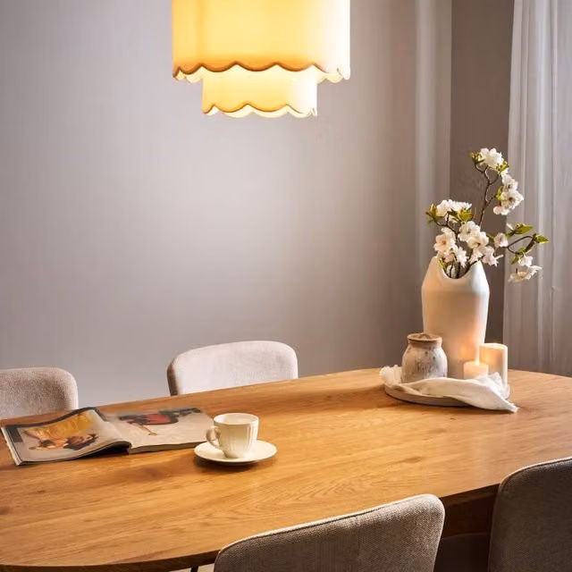 Wyld and Coco Modern Suspended Pendant Lamp with Double Fabric Shade in White and Beige