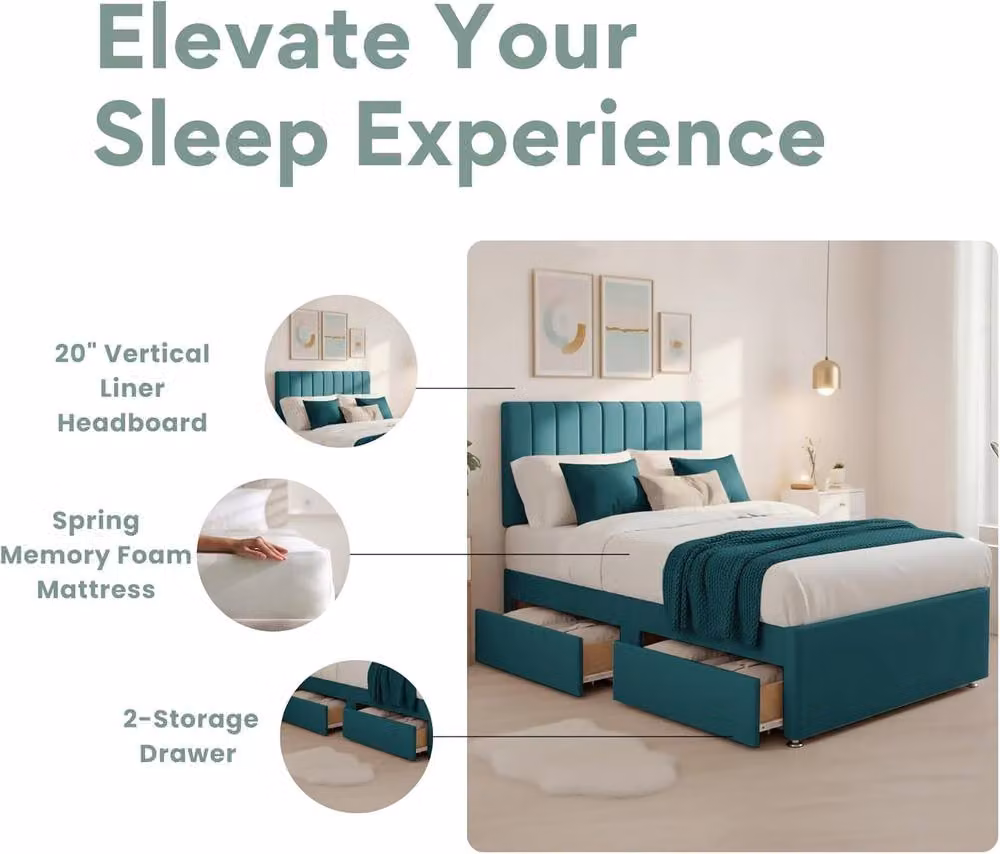 Bed Time UK Luxe Divan Bed with 20in Headboard and 2 Drawer Storage, Teal Velvet Hybrid Memory Foam Mattress, W/D/H: 120 x 200 cm – 2
