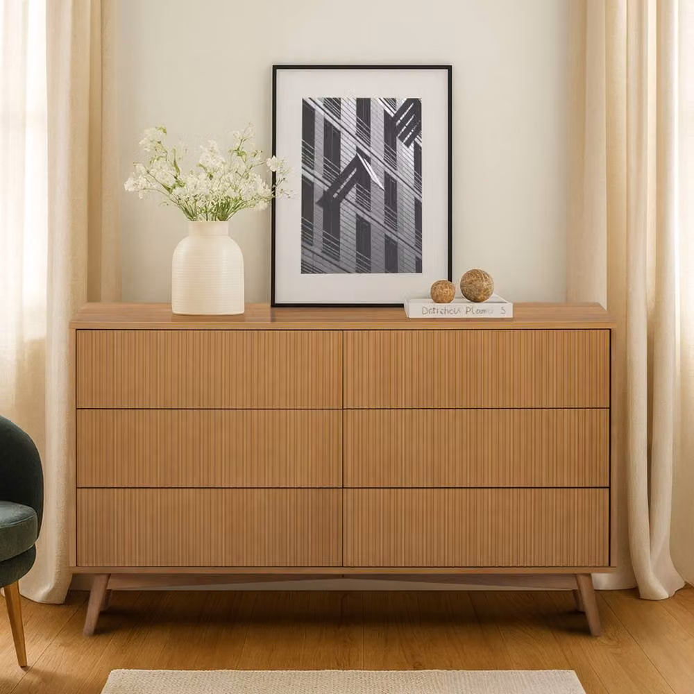 Teamson Home Tremolo 6 Drawer Horizontal Dresser with Acacia Veneer and Fluted Wood Fronts in Natural Sand, W: 140 cm, D: 45.72 cm, H: 81.28 cm – 3