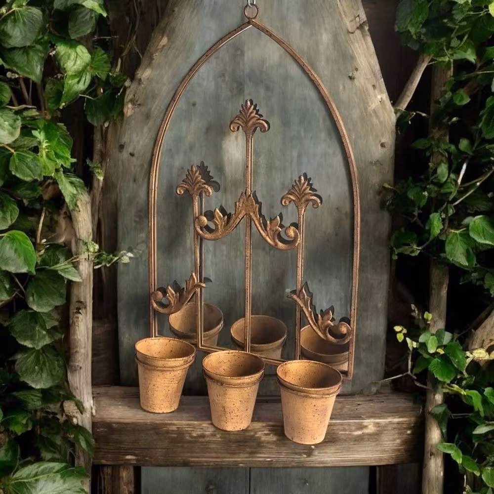 Minster Metal Wall Mirror with Triple Planter in Rusty Brown, W: 45 cm, D: 15 cm, H: 75 cm