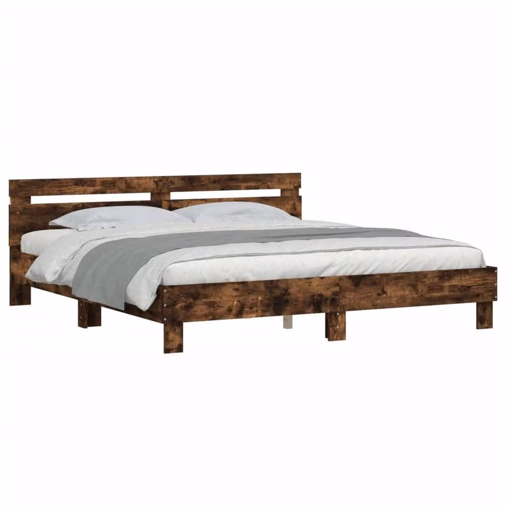 Berkfield Home Modern Bed Frame with LED Under-Bed Lighting and USB Charging Port in Smoked Oak Brown, W/D/H: 200 x 200 cm – 3