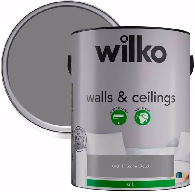 wilko Walls and Ceiling Silk Emulsion Paint, Storm Cloud Grey, 5 l