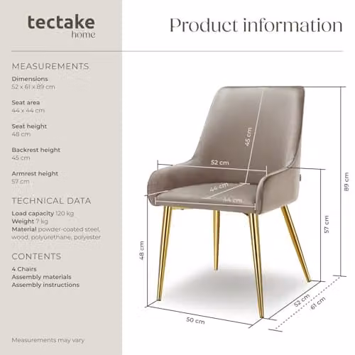 tectake Set of 4 Modern Dining Chairs with Armrests in Taupe Velvet Fabric and Metal Legs – 3