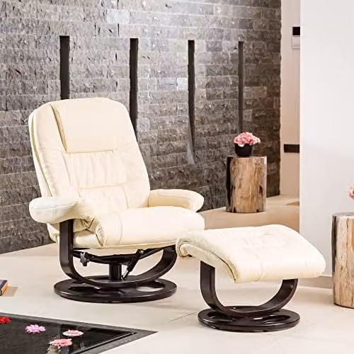 Artemis Home Burdell Swivel Recliner with Massage, Heat and Footstool in Cream Synthetic Leather, Width: 88 cm