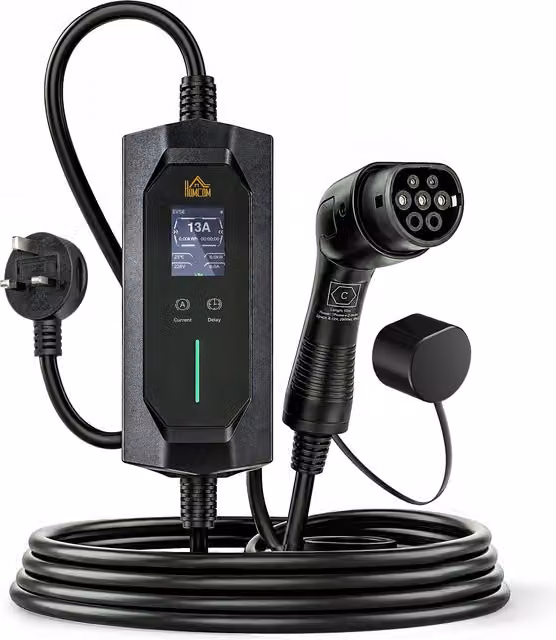HOMCOM EV Charger Type 2 to 3 Pin Plug, 2.8 kW, 6-13 A, 10 m, Black