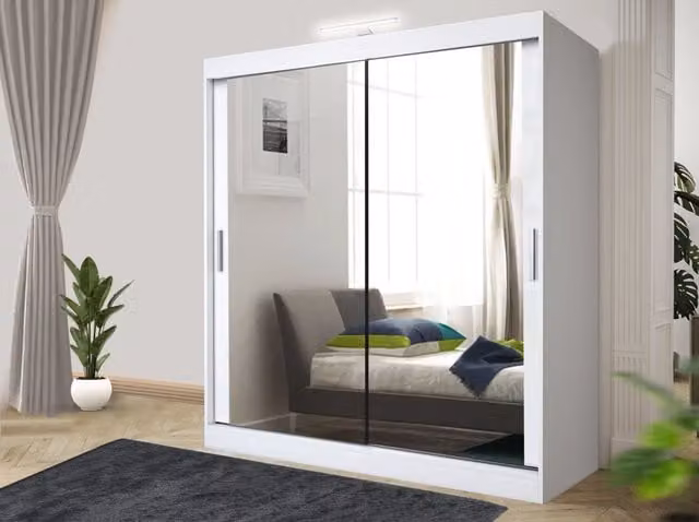 RAC3 Modern White Sliding Mirror Wardrobe with LED Lighting and Integrated Drawers, Width: 180 cm