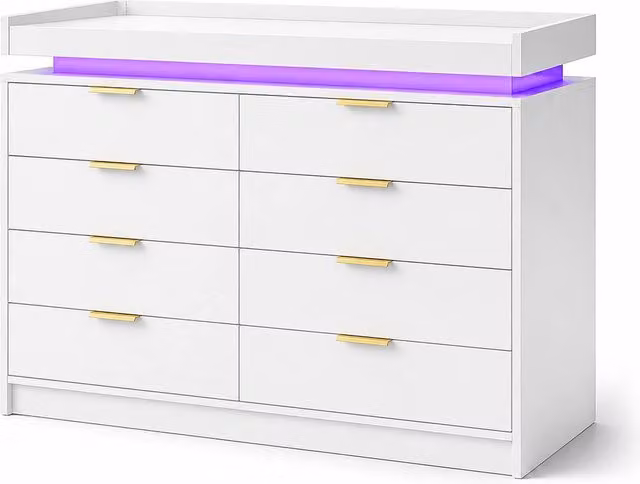 Harmin White Luxury 8-Drawer Chest with Integrated LED Lighting, Width: 116 cm