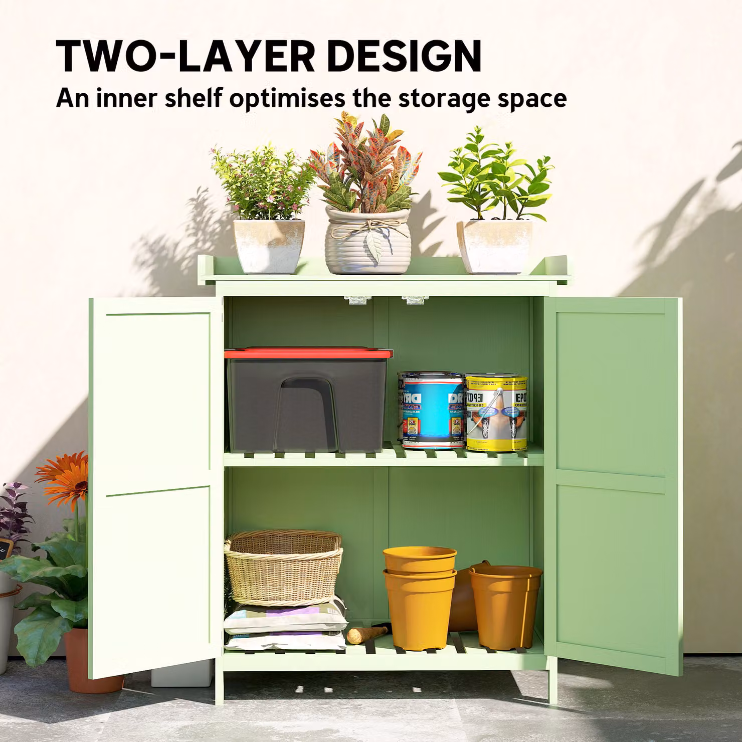 Outsunny Wooden Garden Storage Shed with Double Doors and Internal Shelving, Green, W/D/H: 88.0 x 67.0 x 40.0 cm – 5
