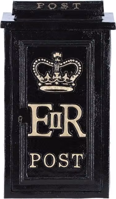 Ashwood Leather Classic Cast Iron Replica Royal Mail ER Wall Mailbox in Black