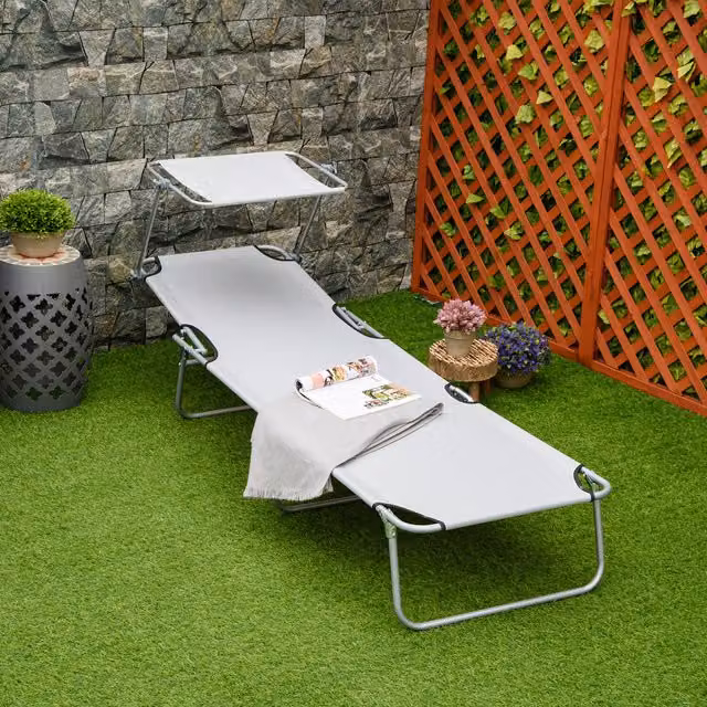 Outsunny Foldable Reclining Sun Lounger with Adjustable Sun Canopy and Headrest in Grey