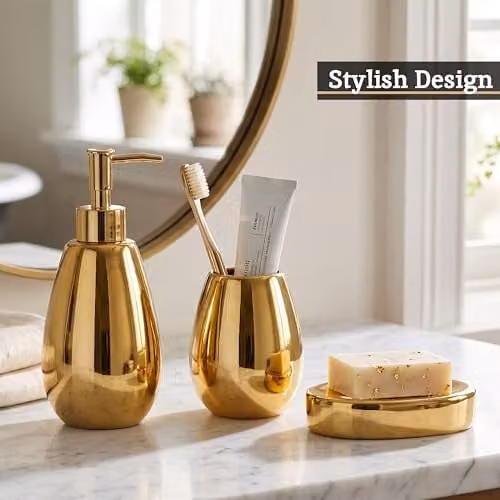 Orsina 3 Piece Ceramic Bathroom Accessories Set in Gold, including Soap Dispenser, Tumbler and Soap Dish – 2