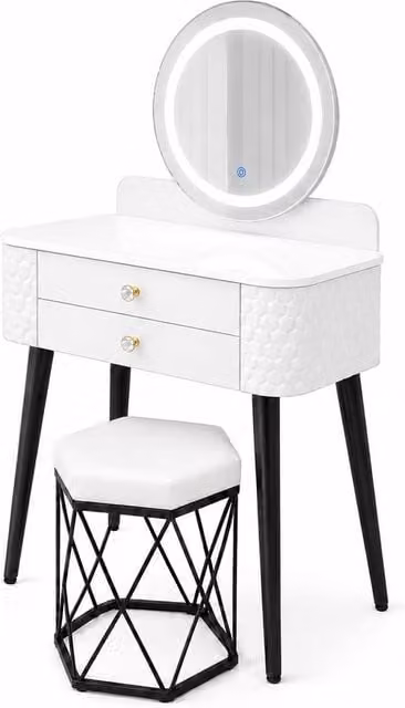 MN Furniture Modern White Dressing Table with LED Mirror and Storage Drawer, W: 60 cm, D: 40 cm, H: 127 cm