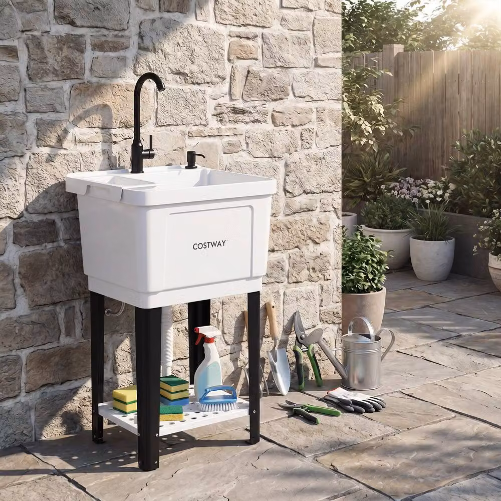 Costway 100L Utility Laundry Sink with Rotating Faucet in White – 4