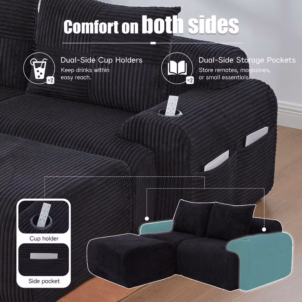 Rolipo Black Modular 2-Seater Corduroy Sofa with Matching Ottoman and Cup Holders – 6