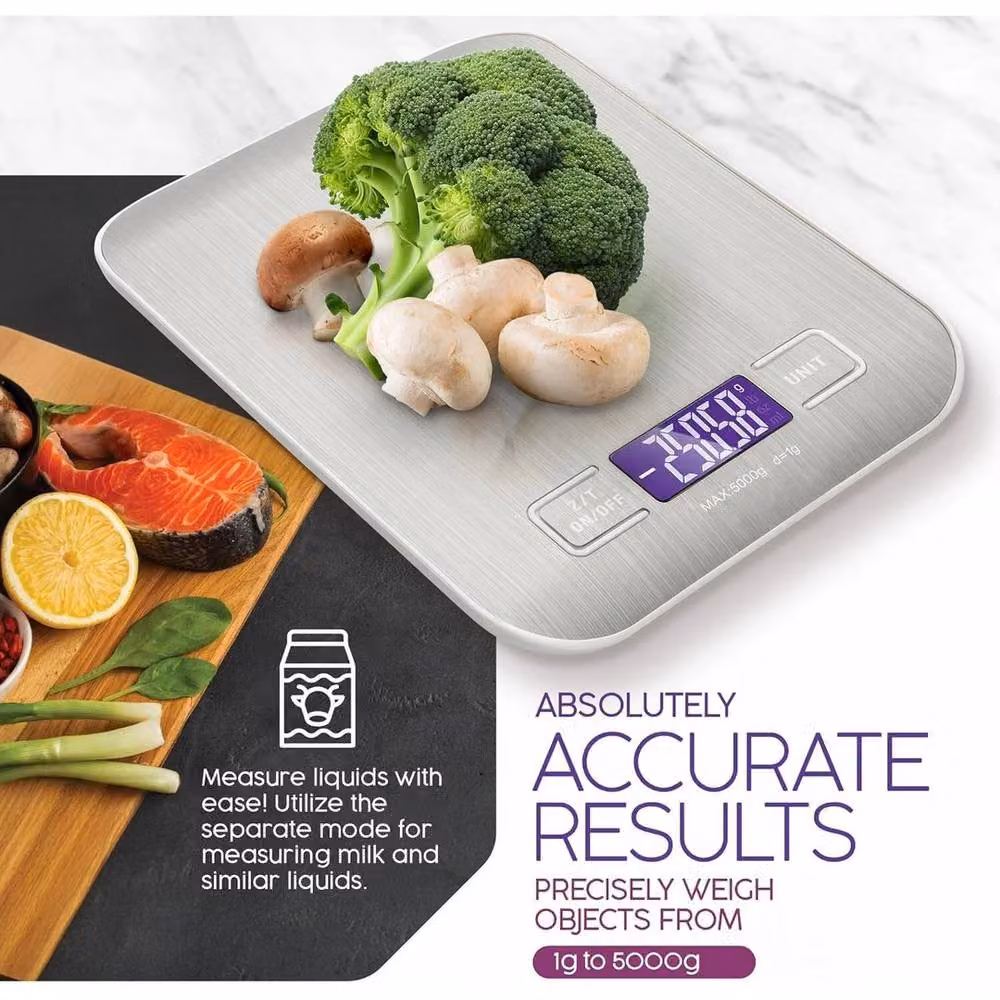 FLAVORA Digital LCD Electronic Kitchen Scale in Silver with Stainless Steel Finish, 1g-5kg Capacity – 3