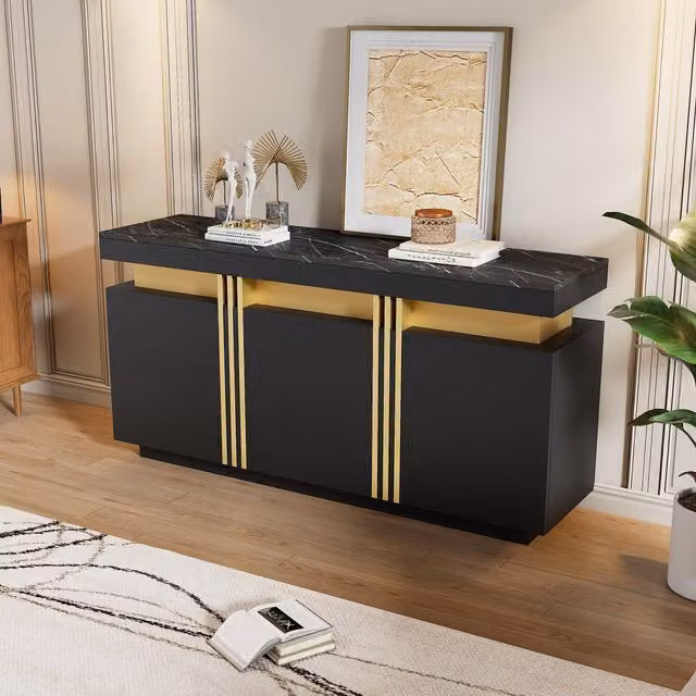Aosom UK Modern Sideboard with Faux Marble Top and Adjustable Shelves, Black and Gold, W: 140 cm, D: 38 cm, H: 70 cm – 1