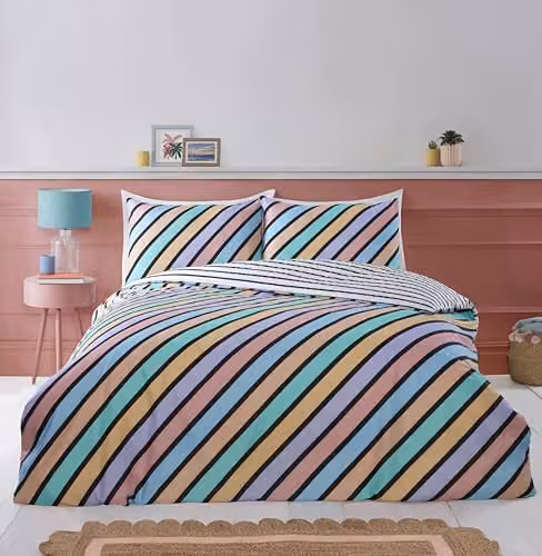 Rapport Home Microfibre Reversible Striped Duvet Cover and Pillowcase Set, Multicolour Pastel, 90 x 200 cm