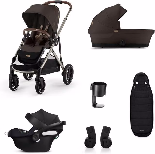 Cybex Gazelle S Pushchair Bundle with Aton B2 i-Size Car Seat, Isofix Base, Carrycot and Accessories, 6 Pieces, Chocolate Brown