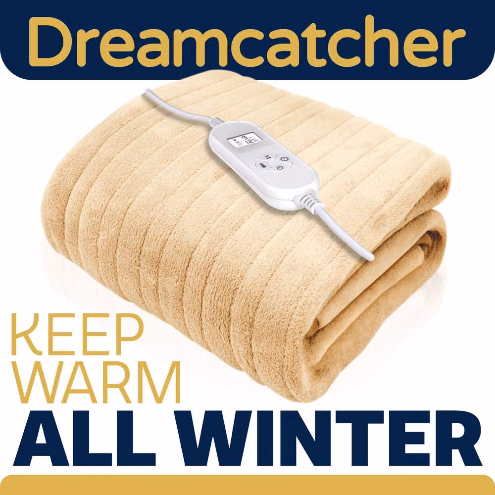 Dreamcatcher Cream Fleece Electric Heated Double Throw Blanket with Timer and Overheating Protection – 6